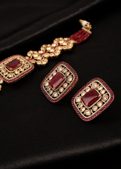 Uncut Kundan Detailed Choker Necklace set/ Ruby Gemstone