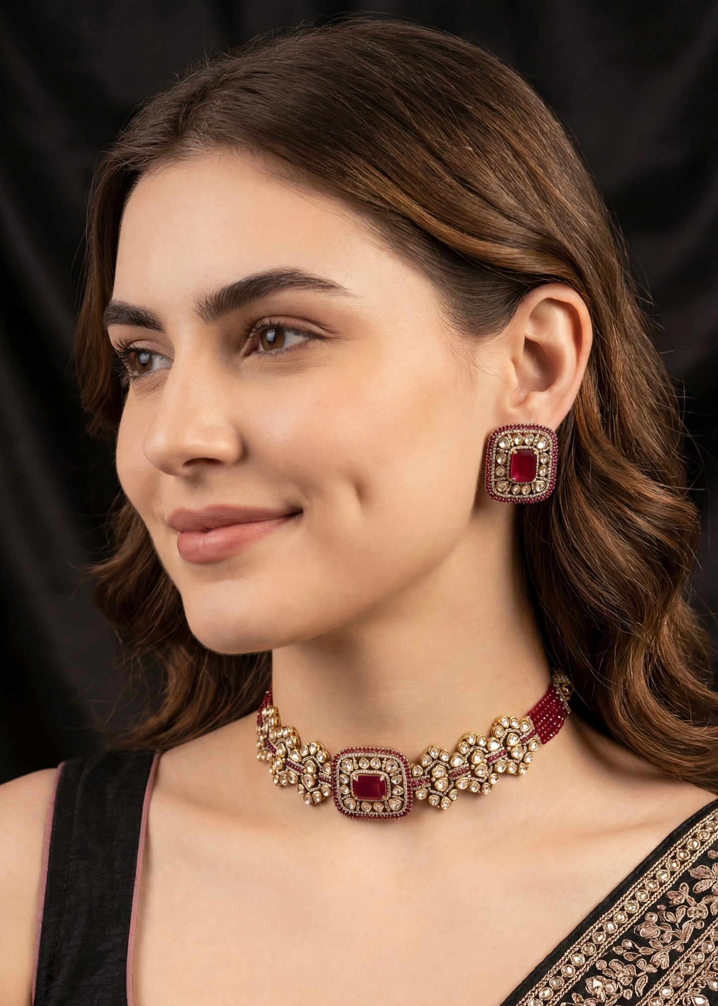 Uncut Kundan Detailed Choker Necklace set/ Ruby Gemstone