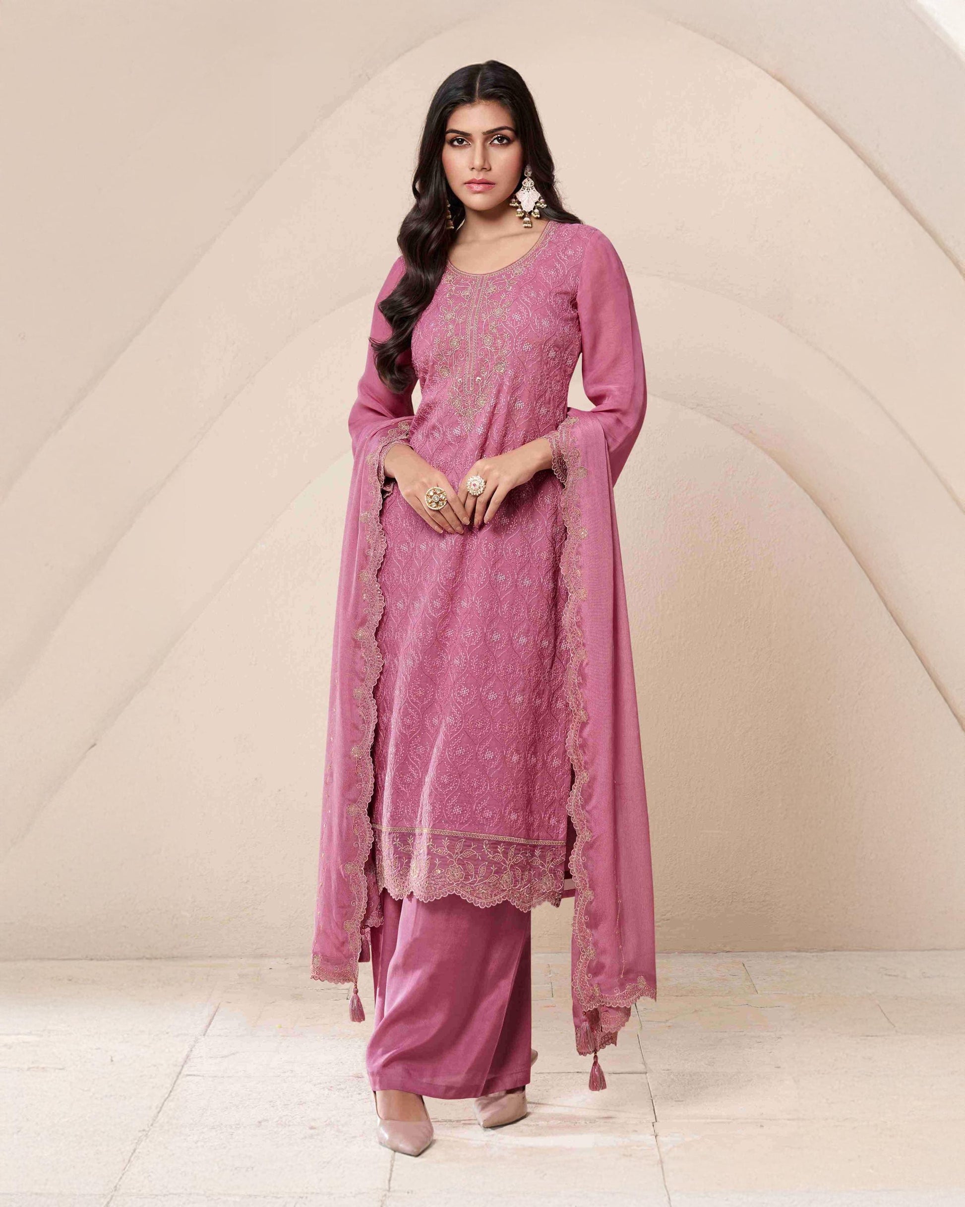 Pink Schiffli Embroidered Organza Unstitched Suit Set __etsy:7276209177