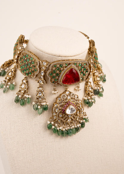 Antique gold designer Choker necklace set/ Ruby,Emerald Gemstone/ Indian jewellery