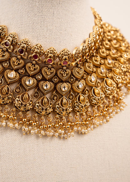 Antique Gold Bridal Necklace Set/ Indian Wedding Jewellery/ Kundan Bridal Set/ Indian bridal set