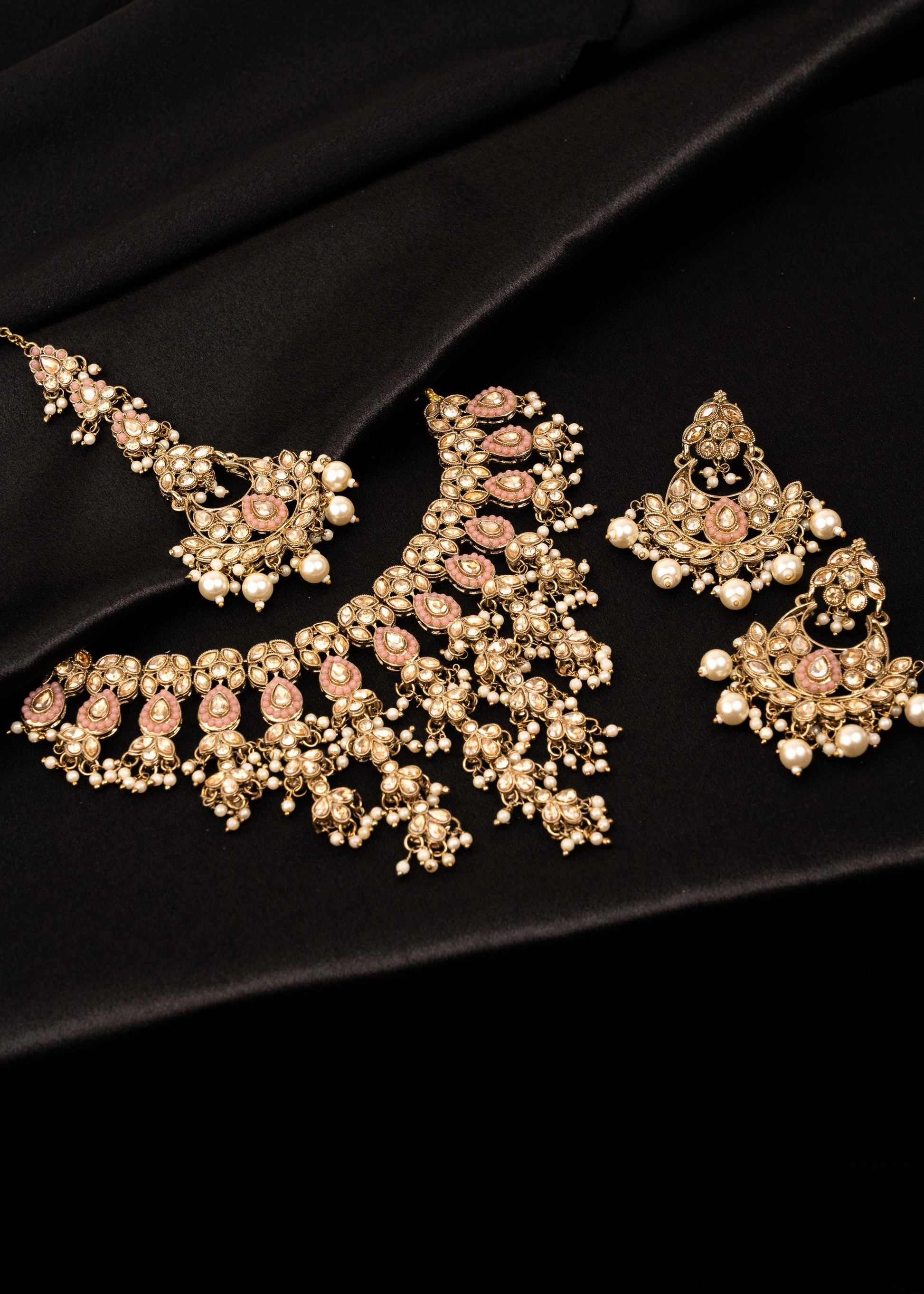 Gold Statement Choker Necklace/ Gold Plated Waterfall Choker Set/ Indian Waterfall Necklace/ Layered Gold statement Necklace for Bride/ Pink (etsy image id: 7893052226)