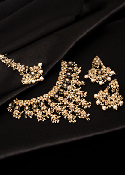 Gold Statement Choker Necklace/ Gold Plated Waterfall Choker Set/ Indian Waterfall Necklace/ Layered Gold statement Necklace for Bride/ Pink (etsy image id: 7893052230)