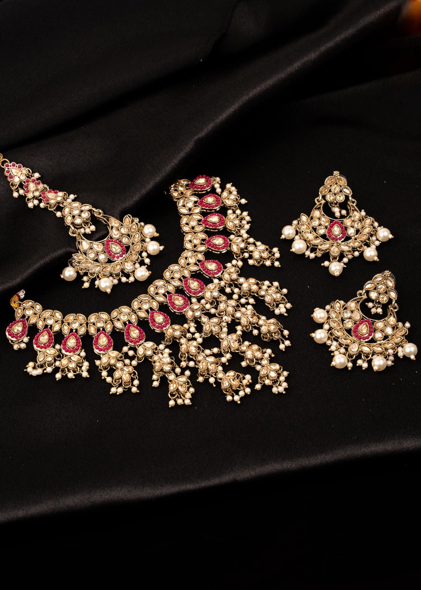 Gold Statement Choker Necklace/ Gold Plated Waterfall Choker Set/ Indian Waterfall Necklace/ Layered Gold statement Necklace for Bride/ Pink (etsy image id: 7893052386)