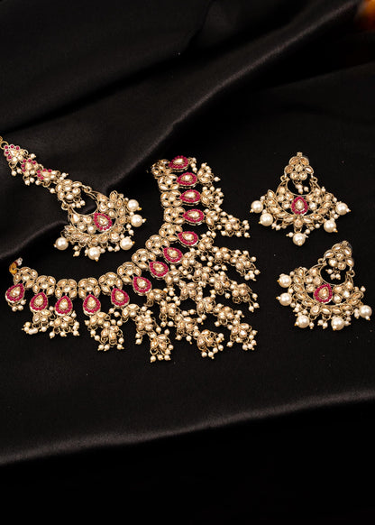 Gold Statement Choker Necklace/ Gold Plated Waterfall Choker Set/ Indian Waterfall Necklace/ Layered Gold statement Necklace for Bride/ Pink (etsy image id: 7893052386)