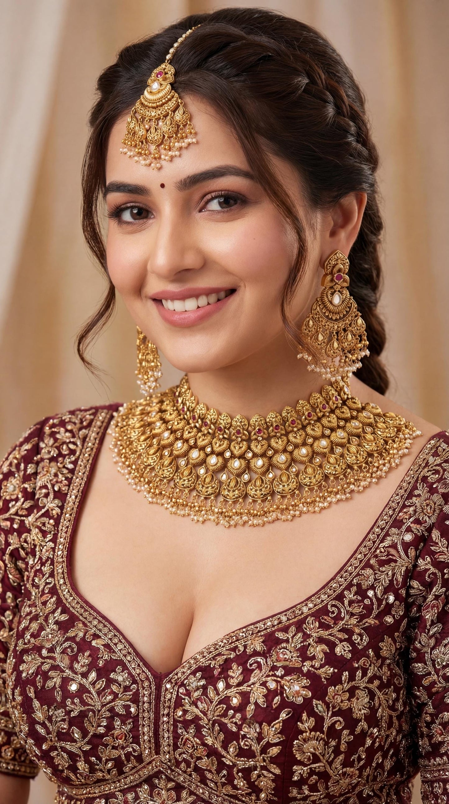 Antique Gold Bridal Necklace Set/ Indian Wedding Jewellery/ Kundan Bridal Set/ Indian bridal set
