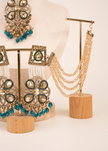 Kundan Sahara Ear Chain Earrings with Tikka/ Statement Earrings/ Indian Wedding Earrings/ Bahubali Earrings/ Ear Cuff Chain Earrings (etsy image id: 7896223092)