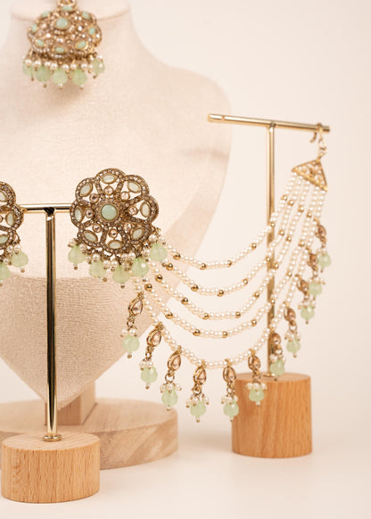 Premium Bridal Kundan Ear Chain Earrings with Tikka/ Kundan Pearl Earrings Set/ Sahara Earrings with Maang Tikka/ Bahubali Earrings (etsy image id: 7896265002)