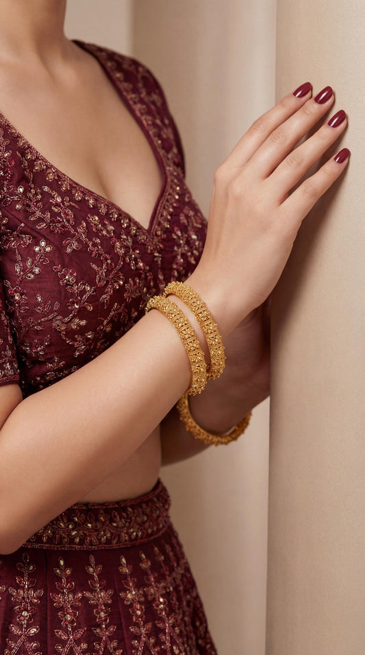 Bridal Gold Bracelet Set/ Indian Wedding Gold Bangles Set/ Gajra for Women/ Bridal Choora Bangles/Real Gold Look/ Antique Bangles/ Set of 2 (etsy image id: 7896477318)