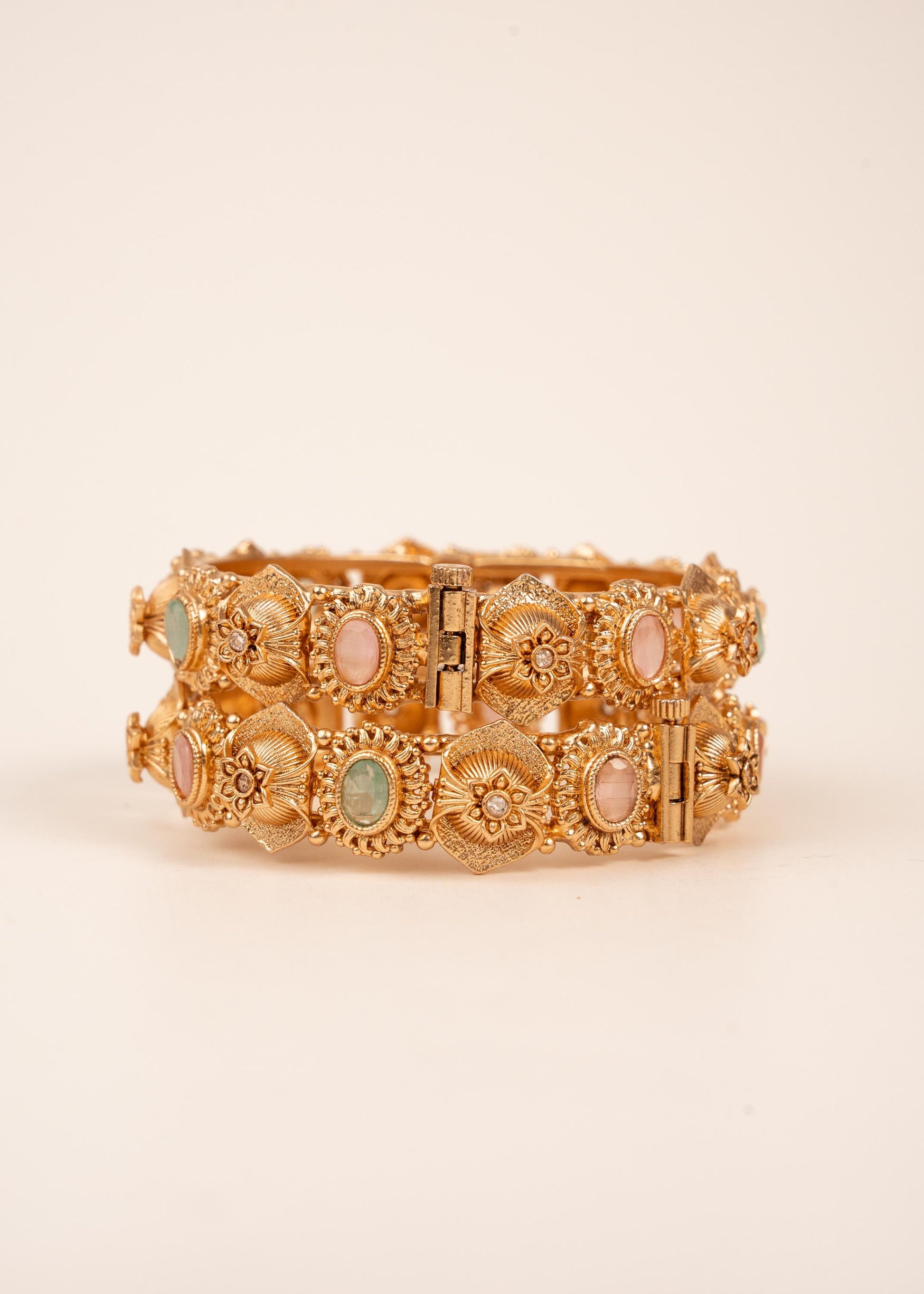 Gold Openable Kada Bangles/ Gold Multicolor Stone Bangles Set/ Pastel Stone Bangles/ Bridal Bangles/ Gold Antique Finish Kada Bangles (etsy image id: 7909480708)
