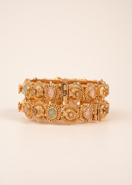 Gold Openable Kada Bangles/ Gold Multicolor Stone Bangles Set/ Pastel Stone Bangles/ Bridal Bangles/ Gold Antique Finish Kada Bangles (etsy image id: 7909480708)