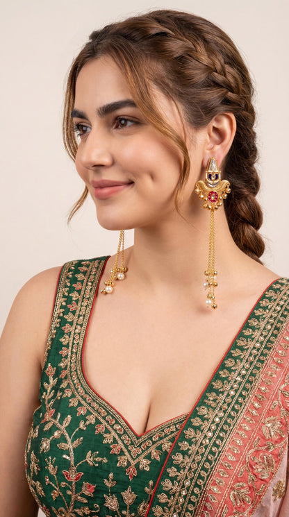 Kashmiri Long Earrings/ Ghungroo Earrings/ Dangler Earrings/ Indian Jewelry/ Trendy Jhumkas/ Traditional Statement Earrings/ Ruby/ Emerald