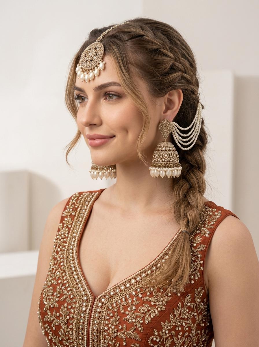 Premium Quality Pearl Sahara Earrings/ Indian Jewelry/ Maang Tikka/ Kundan Ear Chain Earrings/ Kaan Chain/ Gold Bahubali Chain Earrings (etsy image id: 7916373823)