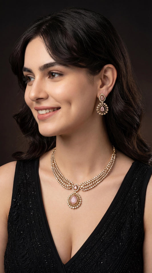 Victorian CZ Diamond Necklace Set/ Bollywood Style/ AD Necklace/ Rose Gold/ Trendy/ Reception (etsy image id: 7940711563)