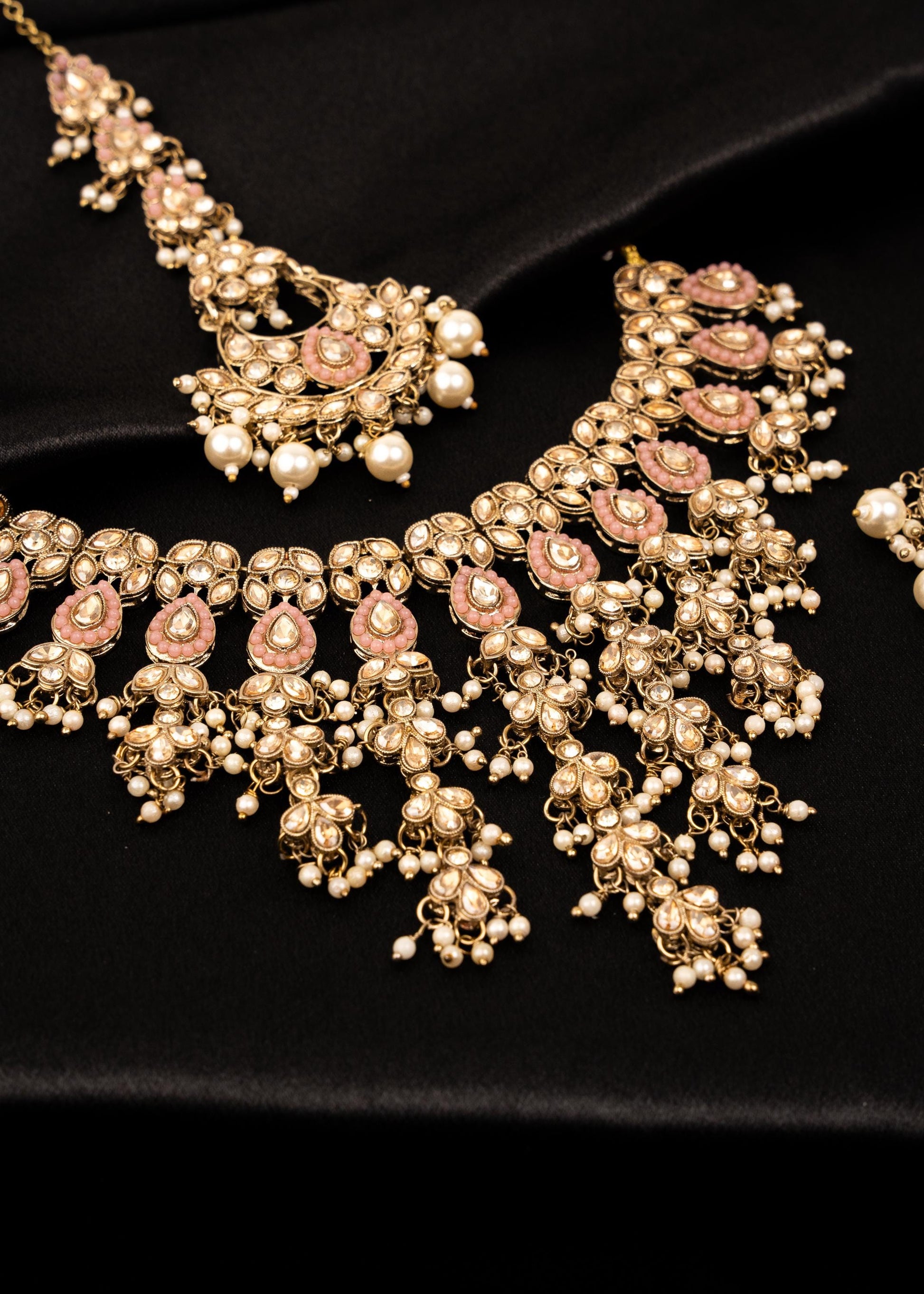 Gold Statement Choker Necklace/ Gold Plated Waterfall Choker Set/ Indian Waterfall Necklace/ Layered Gold statement Necklace for Bride/ Pink (etsy image id: 7941008619)