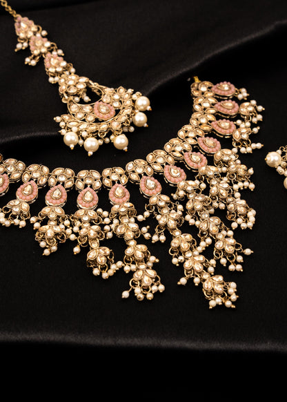 Gold Statement Choker Necklace/ Gold Plated Waterfall Choker Set/ Indian Waterfall Necklace/ Layered Gold statement Necklace for Bride/ Pink (etsy image id: 7941008619)