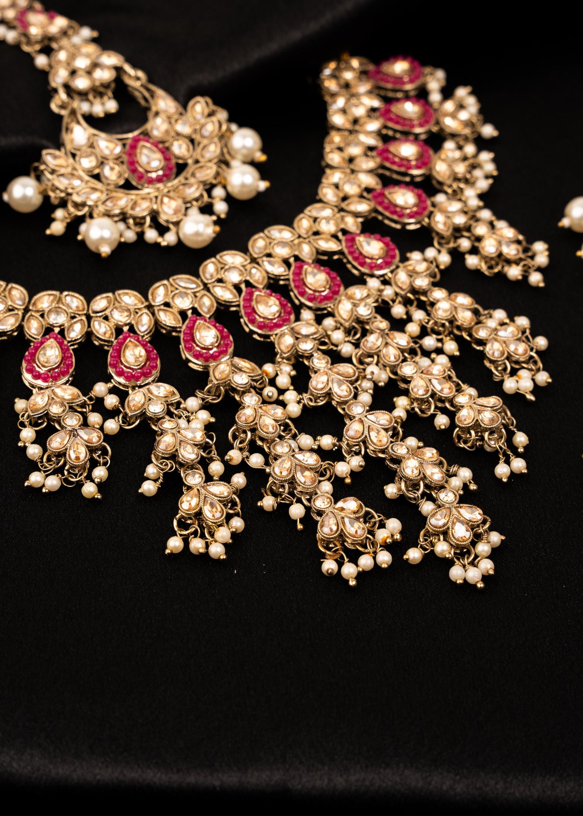 Gold Statement Choker Necklace/ Gold Plated Waterfall Choker Set/ Indian Waterfall Necklace/ Layered Gold statement Necklace for Bride/ Pink (etsy image id: 7941008791)