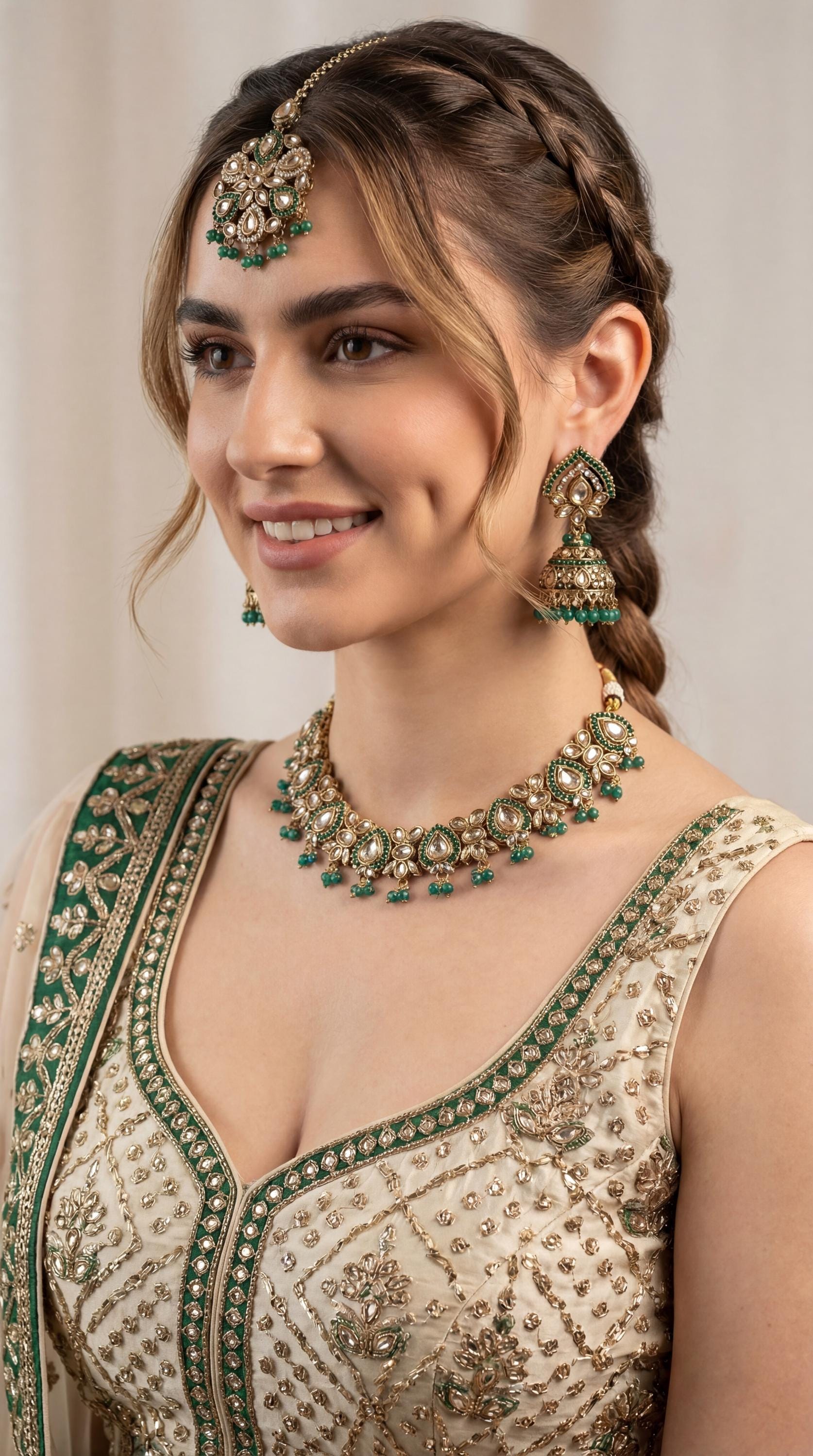 High Quallity Bridal Kundan Polki Nceklace Set/ Indian Statement Polki Set/ Pakistani Jewelry/ Bridal Choker Necklace Set/ Emerald (etsy image id: 7942833685)