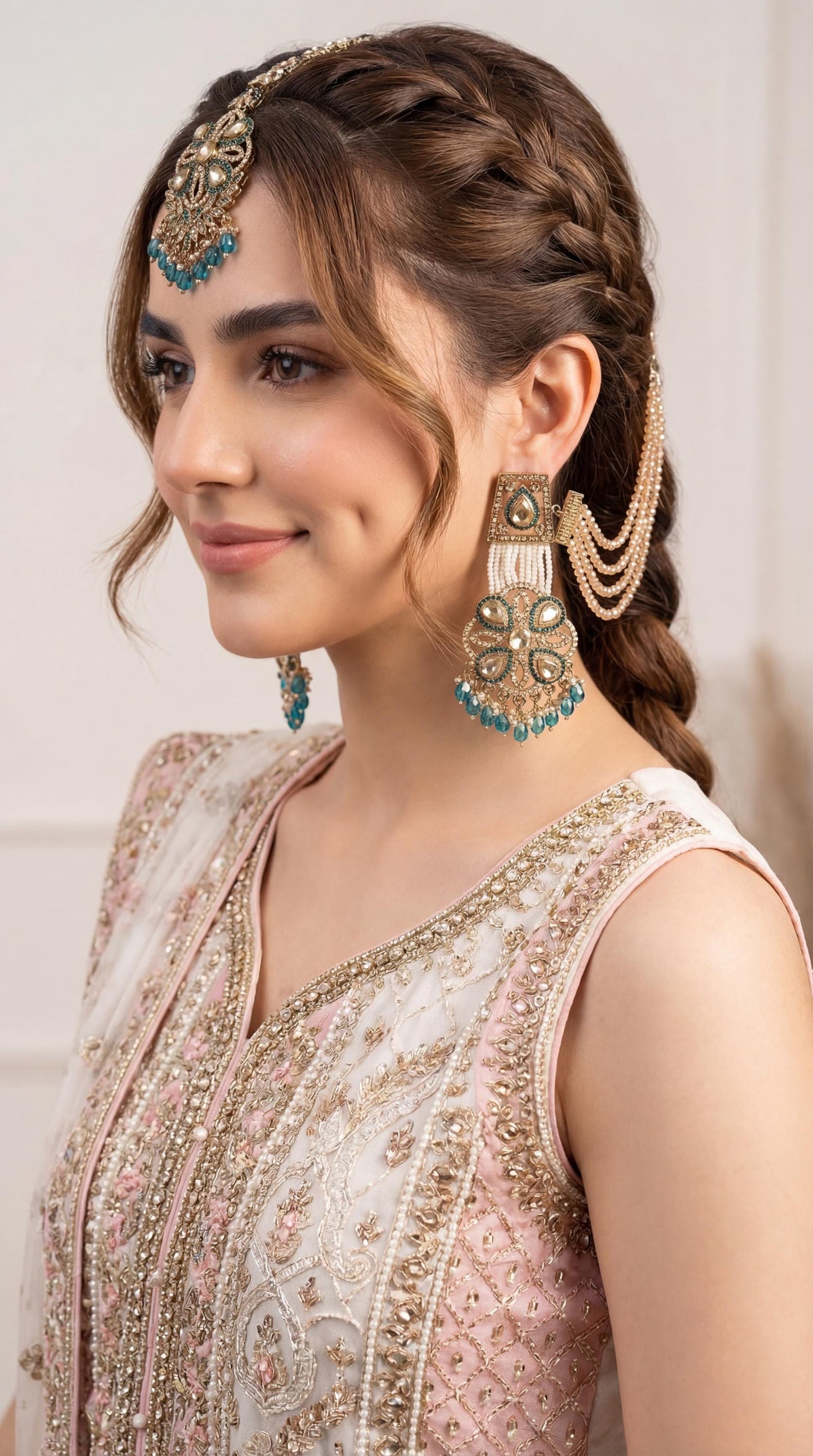 Kundan Sahara Ear Chain Earrings with Tikka/ Statement Earrings/ Indian Wedding Earrings/ Bahubali Earrings/ Ear Cuff Chain Earrings (etsy image id: 7944253849)