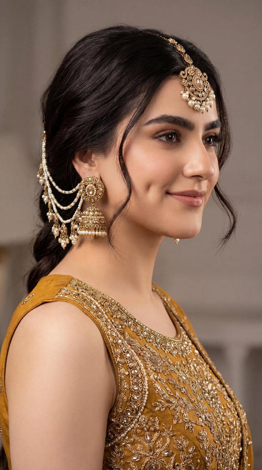 Kundan Ear Chain Earrings with Tikka/ Kundan Bridal Jewelry Set/ Sahara Earrings with Maang Tikka/ Statement Bridal Jewelry/ Bahubali (etsy image id: 7944294585)