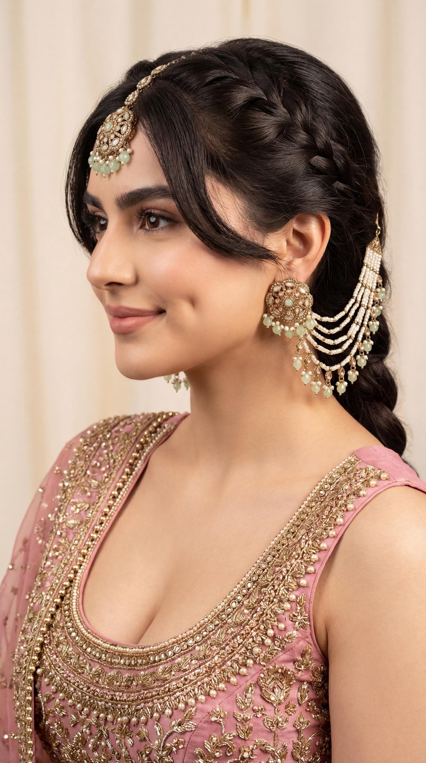 Premium Bridal Kundan Ear Chain Earrings with Tikka/ Kundan Pearl Earrings Set/ Sahara Earrings with Maang Tikka/ Bahubali Earrings (etsy image id: 7944295643)