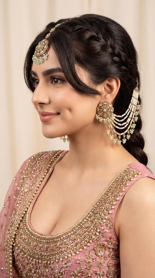 Premium Bridal Kundan Ear Chain Earrings with Tikka/ Kundan Pearl Earrings Set/ Sahara Earrings with Maang Tikka/ Bahubali Earrings (etsy image id: 7944295643)