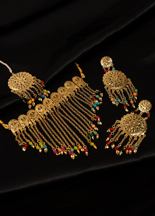 Gold Plated Pippal Patti Necklace Set/ Traditional Gold Choker Set/ Layered Bridal Jewelry/ Trendy Waterfall Necklace/ Indian Jewelry/ Multi (etsy image id: 7944473801)