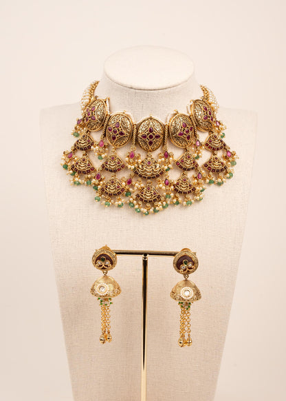 Antique Kundan Polki Choker Necklace Set/ Temple Jewelry/ Kundan Jewelry/ Traditional Jewelry/ Gold Plated Bridal Choker Necklace Set (etsy image id: 7944586553)