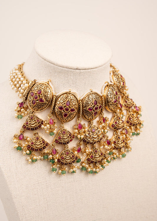Antique Kundan Polki Choker Necklace Set/ Temple Jewelry/ Kundan Jewelry/ Traditional Jewelry/ Gold Plated Bridal Choker Necklace Set (etsy image id: 7944586569)