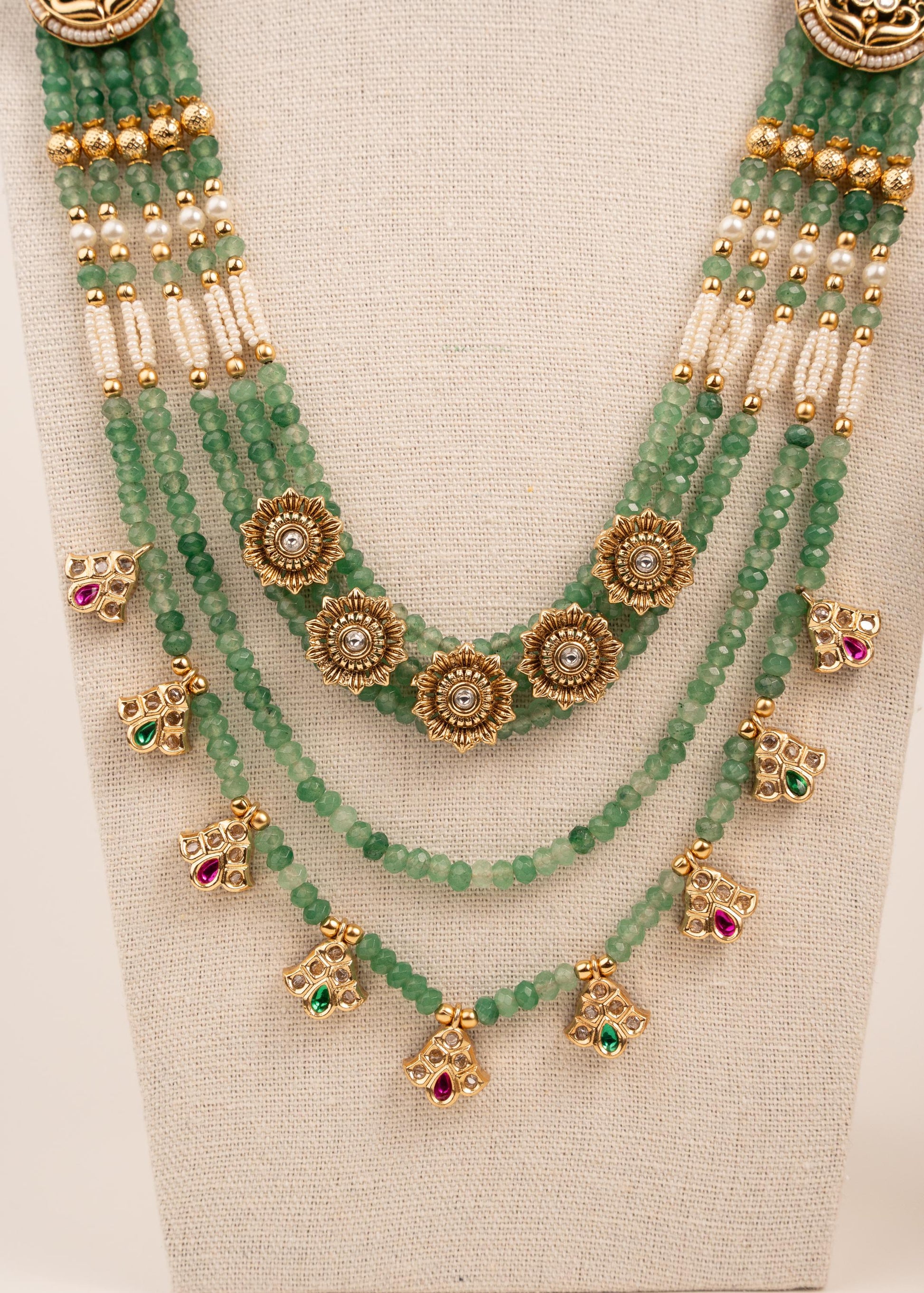 Premium Rani Haar Necklace Set/ Statement Long Meenakari Maala/ Pearl Layered Mala/ Green Pearl Beaded Necklace Set/ Kundan Pendant Mala (etsy image id: 7944607843)