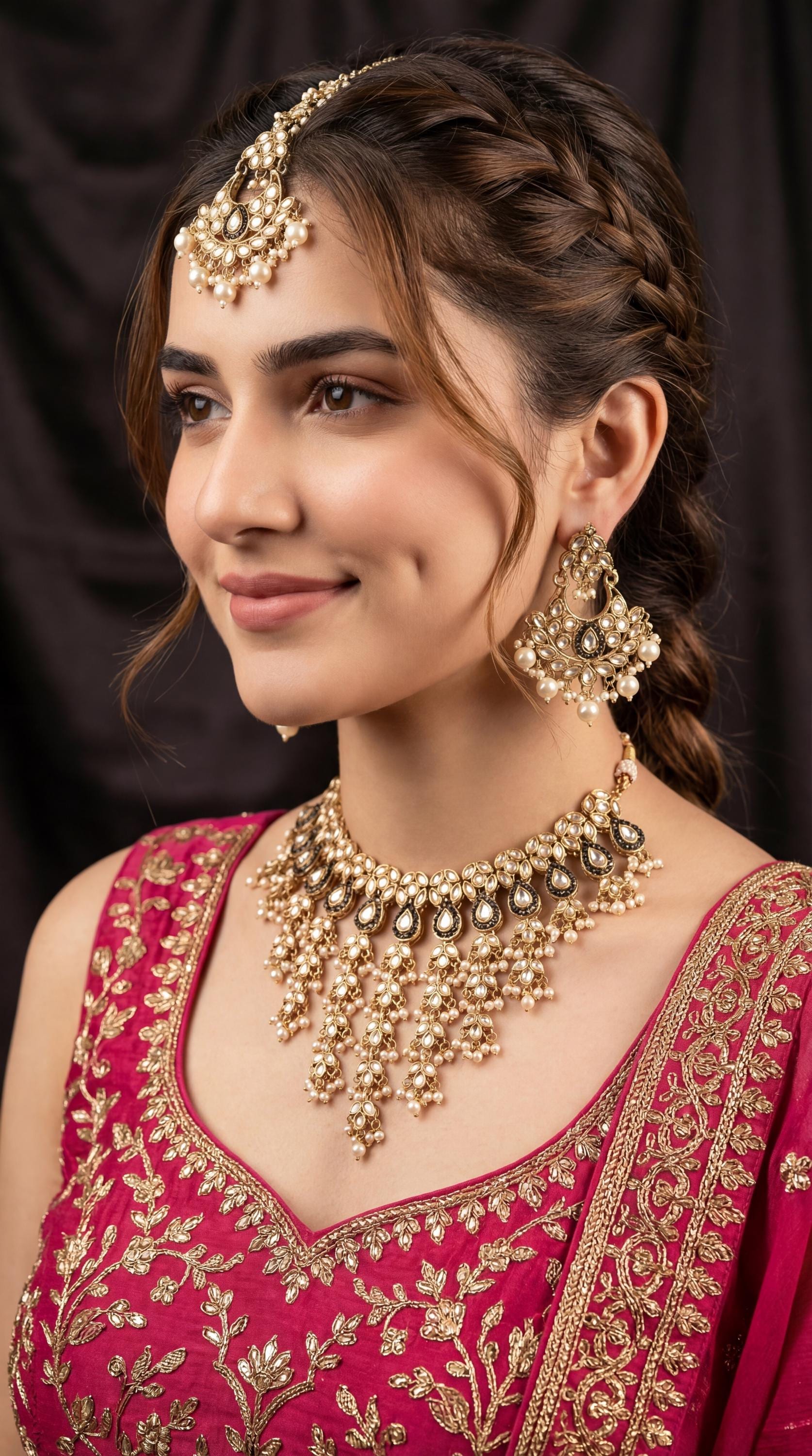 Gold Statement Choker Necklace/ Gold Plated Waterfall Choker Set/ Indian Waterfall Necklace/ Layered Gold statement Necklace for Bride/ Pink (etsy image id: 7947938761)