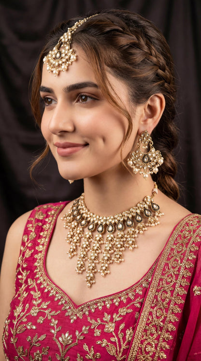 Gold Statement Choker Necklace/ Gold Plated Waterfall Choker Set/ Indian Waterfall Necklace/ Layered Gold statement Necklace for Bride/ Pink (etsy image id: 7947938761)