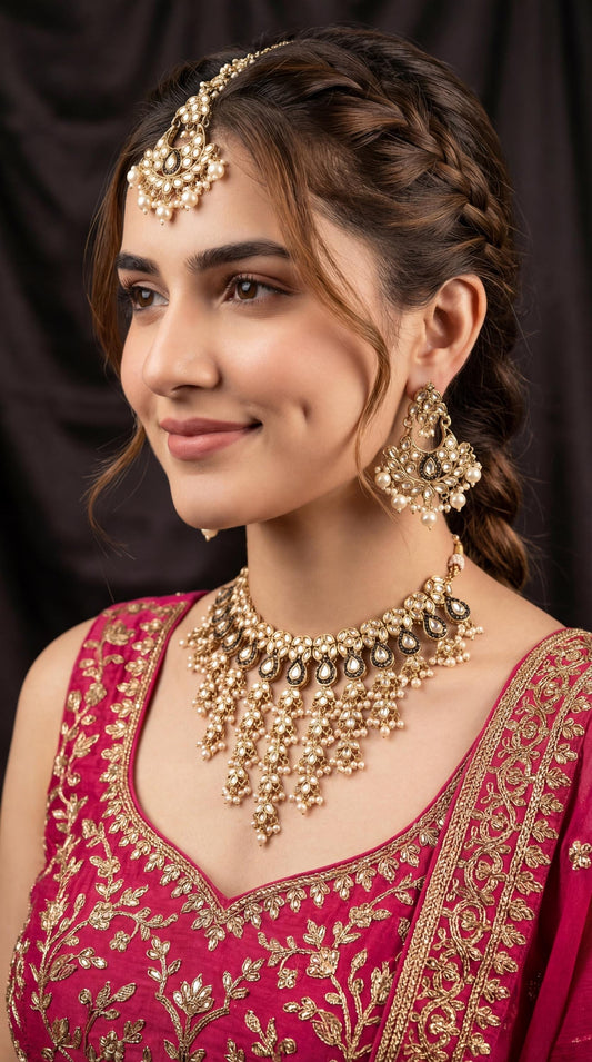 Gold Statement Choker Necklace/ Gold Plated Waterfall Choker Set/ Indian Waterfall Necklace/ Layered Gold statement Necklace for Bride/ Pink (etsy image id: 7947938761)
