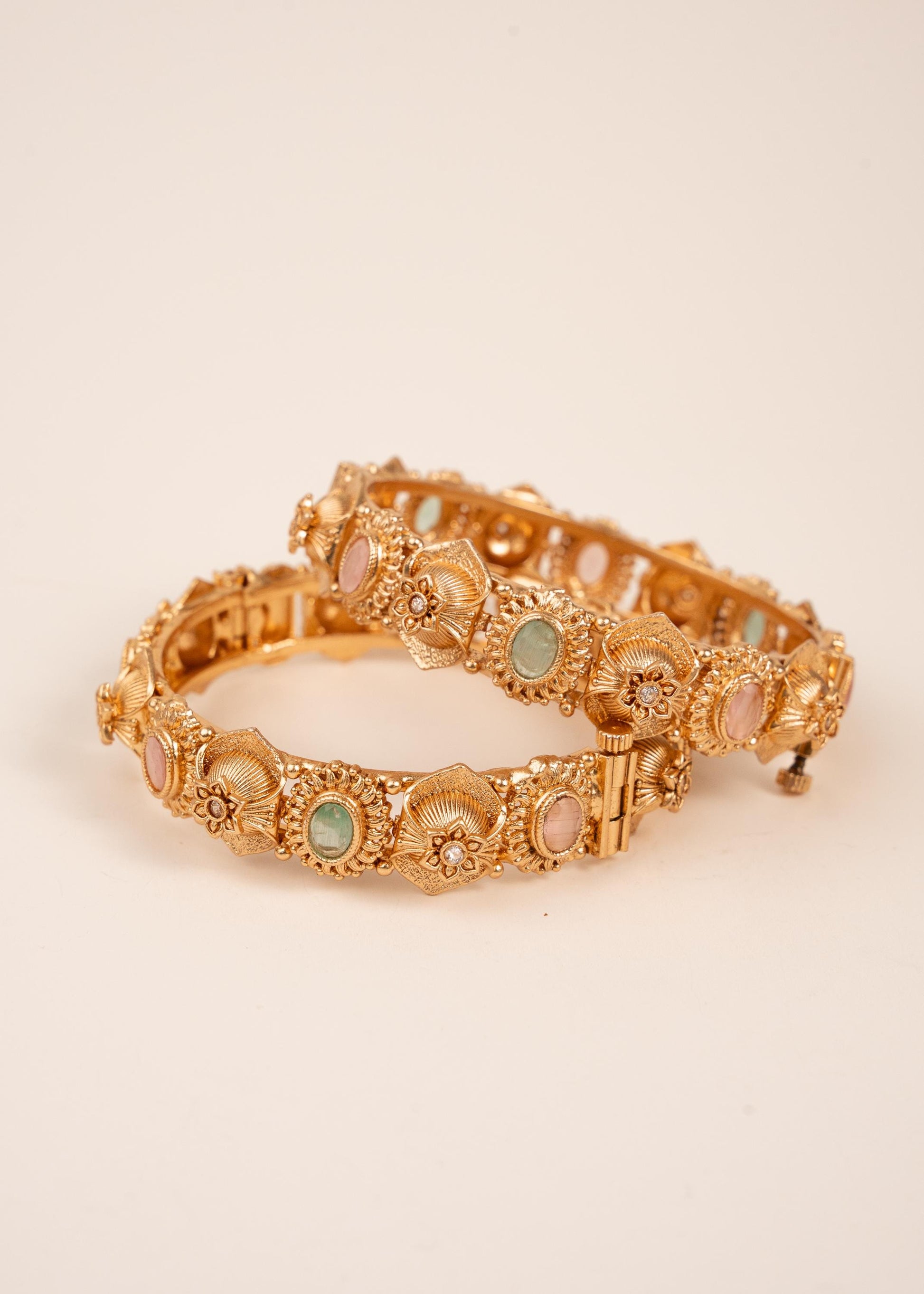 Gold Openable Kada Bangles/ Gold Multicolor Stone Bangles Set/ Pastel Stone Bangles/ Bridal Bangles/ Gold Antique Finish Kada Bangles (etsy image id: 7957437443)