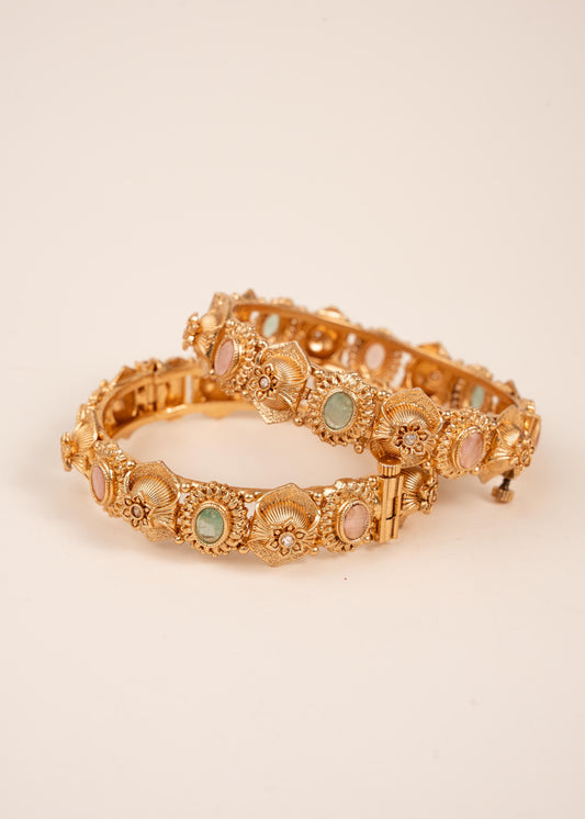 Gold Openable Kada Bangles/ Gold Multicolor Stone Bangles Set/ Pastel Stone Bangles/ Bridal Bangles/ Gold Antique Finish Kada Bangles (etsy image id: 7957437443)