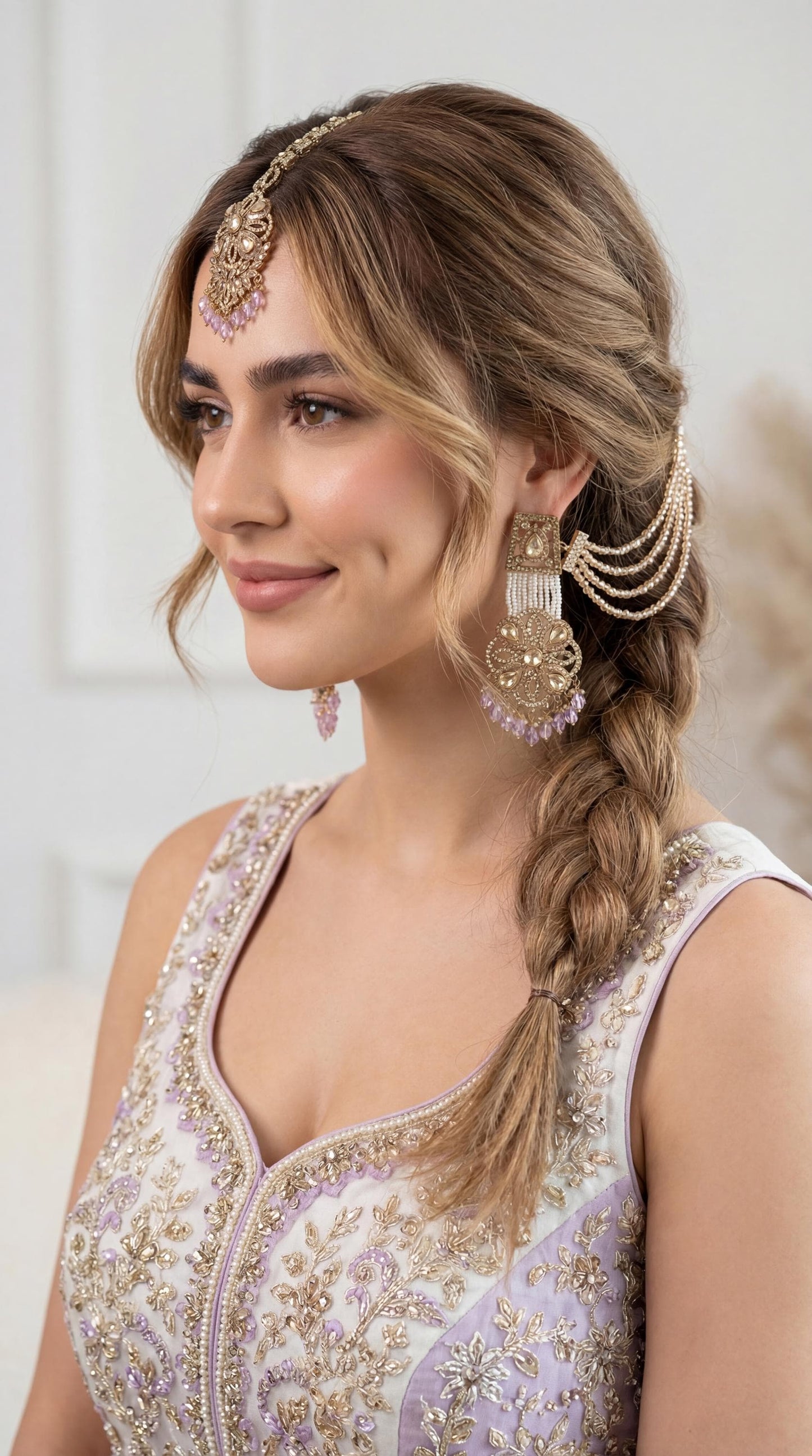 Kundan Sahara Ear Chain Earrings with Tikka/ Statement Earrings/ Indian Wedding Earrings/ Bahubali Earrings/ Ear Cuff Chain Earrings (etsy image id: 7959692791)