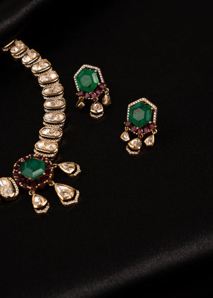 Premium Kundan Polki Necklace Choker Set/ Minimal Choker Necklace/ Indian Pakistani Jewelry/ Lightweight Wedding Jewelry/Green stone Pendant (etsy image id: 7974216162)