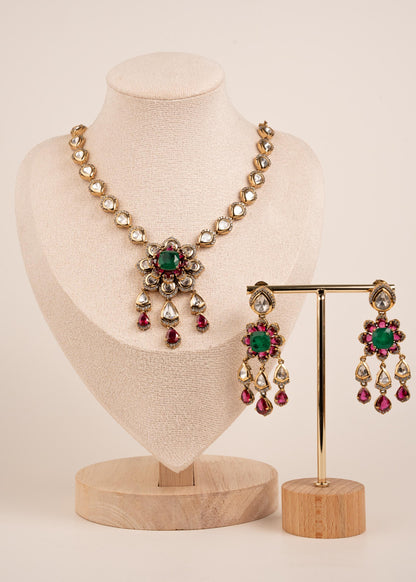 Indian Kundan Jewelry Set/ Bollywood Jewelry/ Designer Kundan Necklace Set/ Emerald Green Ruby Floral Pendant/ Pakistani Indian Jewelry (etsy image id: 7974241644)