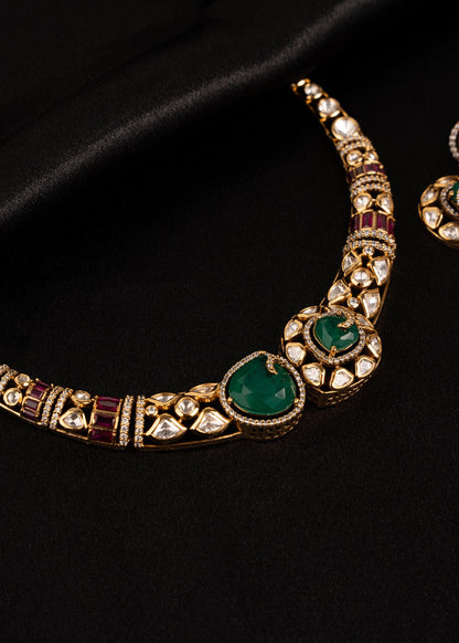 Designer Moissanite Hasli Necklace Set/ Gold Plated Hasli Necklace/ Traditional Hasli Choker/ Antique Gold Hasli Necklace/ Emerald/ Kundan (etsy image id: 7974336878)