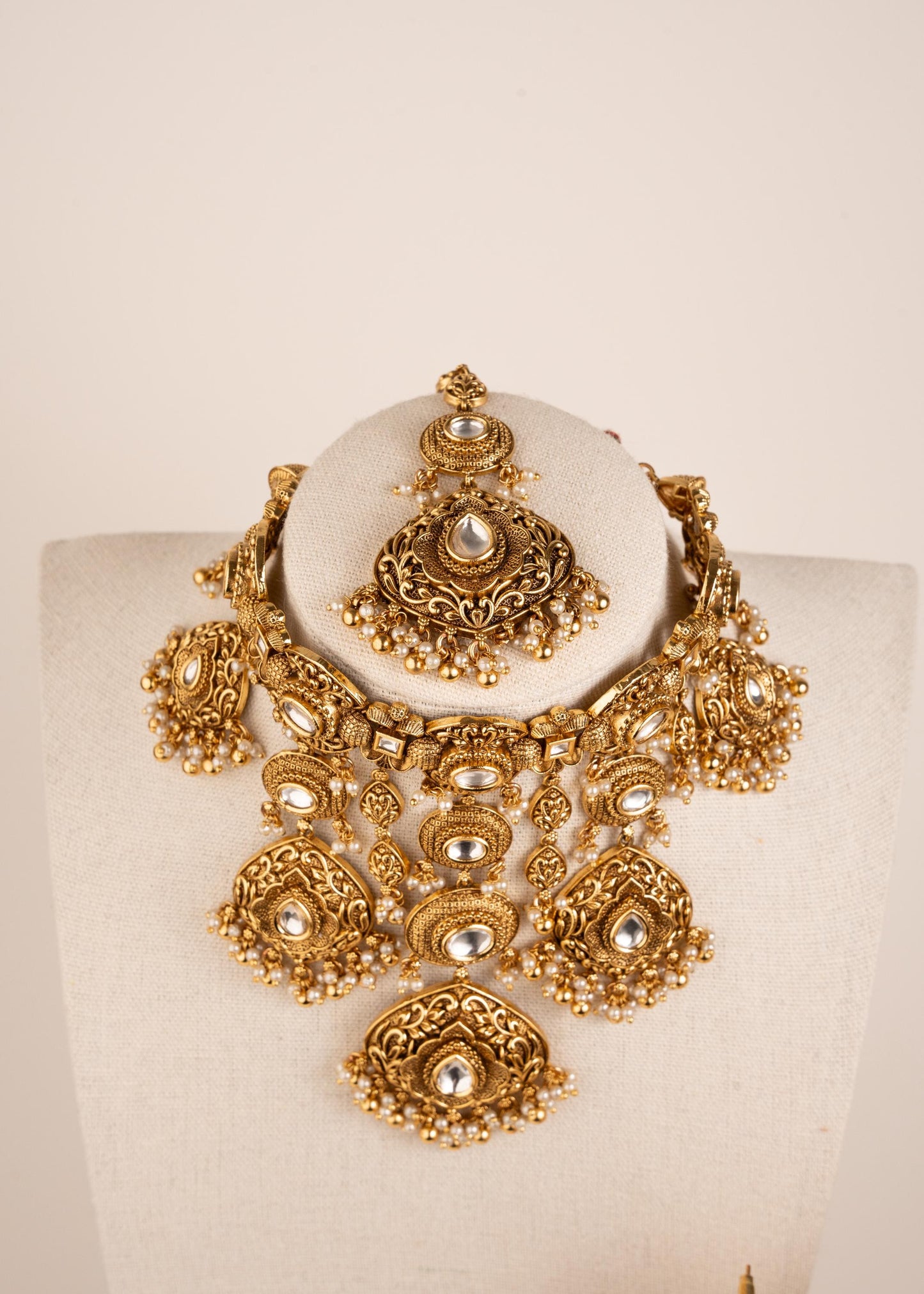 Antique Gold Kundan Waterfall Necklace with Jhumka Earrings/ Indian Bridal Jewelry/ Statement Wedding Necklace/ Luxury Ethnic/ Festive Wear (etsy image id: 7974477608)