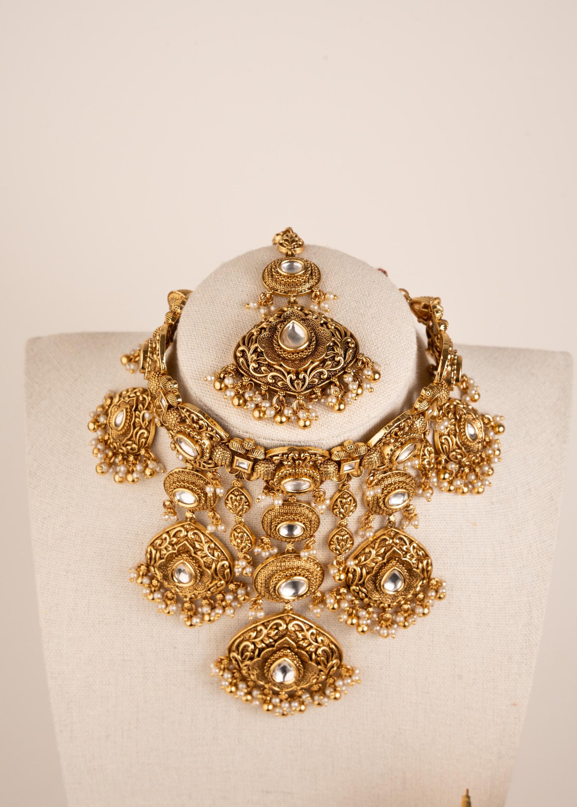 Antique Gold Kundan Waterfall Necklace with Jhumka Earrings/ Indian Bridal Jewelry/ Statement Wedding Necklace/ Luxury Ethnic/ Festive Wear (etsy image id: 7974477608)