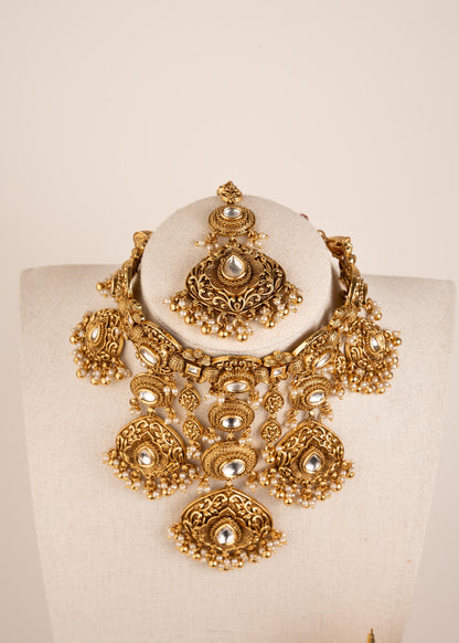 Antique Gold Kundan Waterfall Necklace with Jhumka Earrings/ Indian Bridal Jewelry/ Statement Wedding Necklace/ Luxury Ethnic/ Festive Wear (etsy image id: 7974477608)