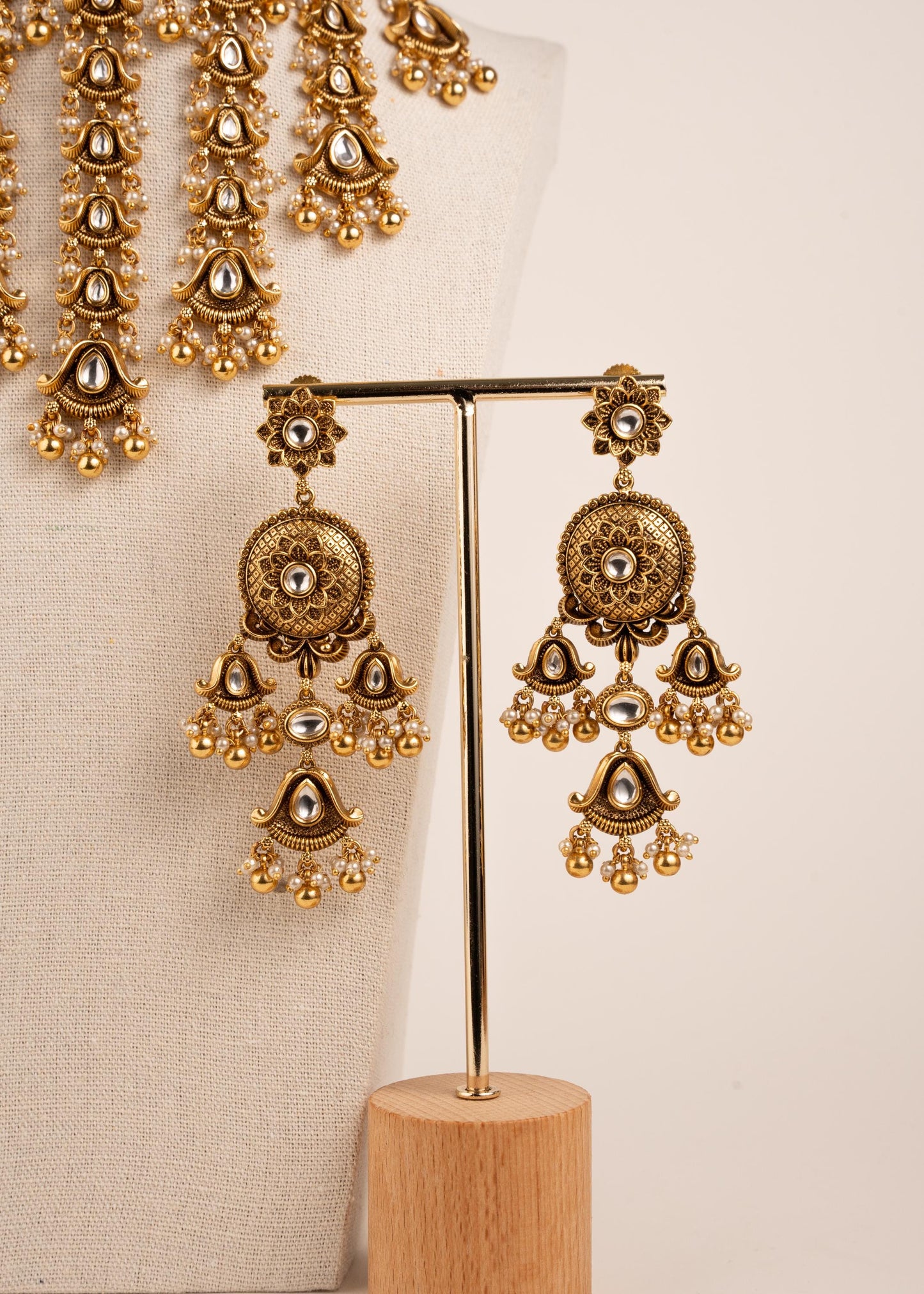 Premium Antique Gold Bridal Statement Necklace Set/ Indian Bridal Waterfall Choker Set/ Heavy Wedding Jewelry/ Kundan Bridal Necklace