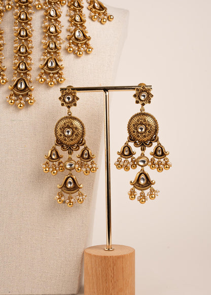 Premium Antique Gold Bridal Statement Necklace Set/ Indian Bridal Waterfall Choker Set/ Heavy Wedding Jewelry/ Kundan Bridal Necklace