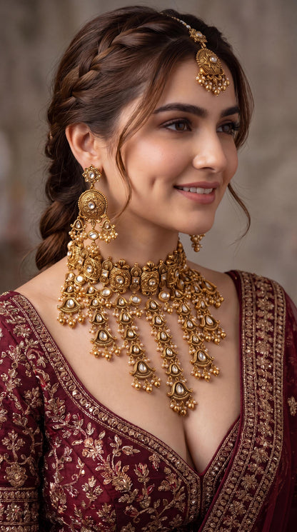 Premium Antique Gold Bridal Statement Necklace Set/ Indian Bridal Waterfall Choker Set/ Heavy Wedding Jewelry/ Kundan Bridal Necklace