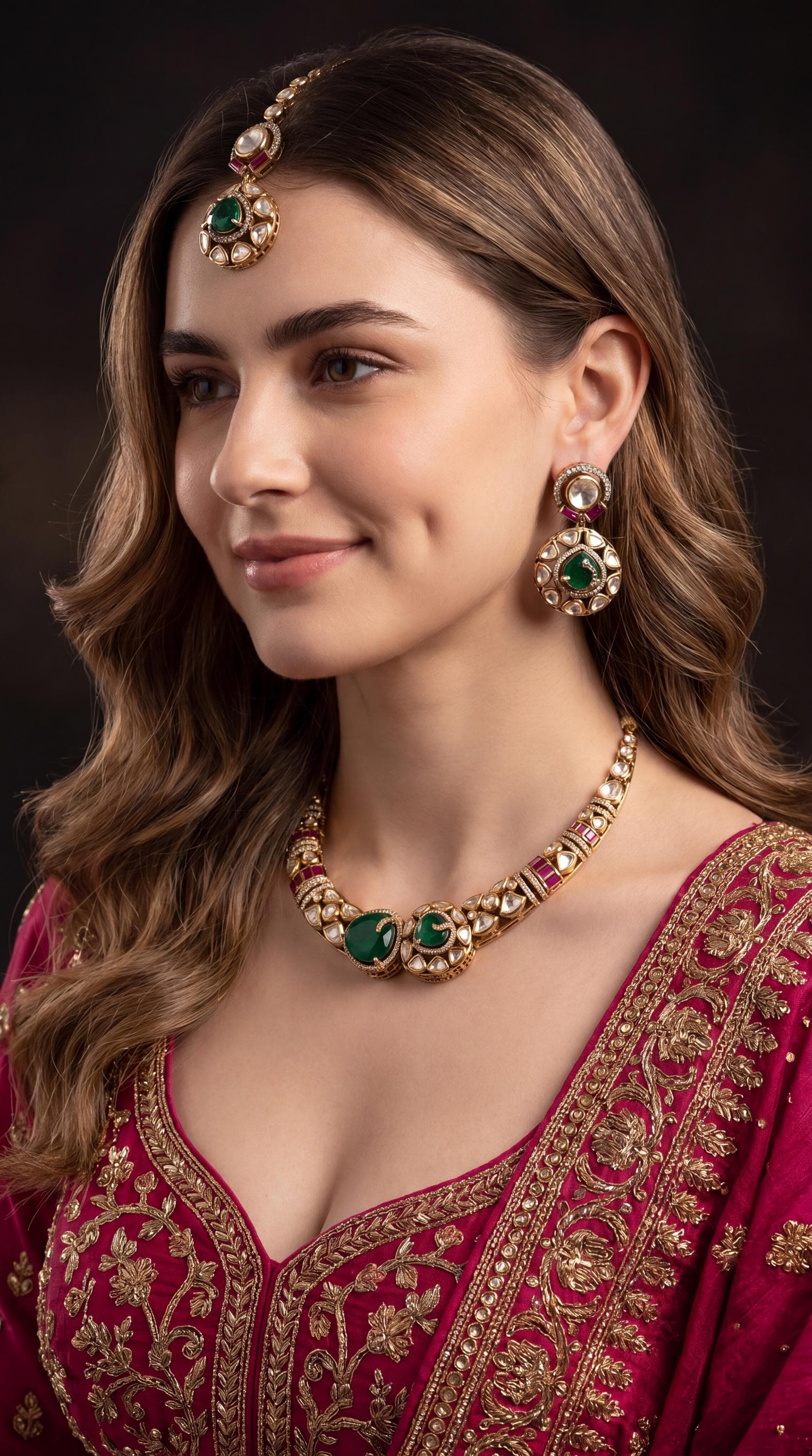 Designer Moissanite Hasli Necklace Set/ Gold Plated Hasli Necklace/ Traditional Hasli Choker/ Antique Gold Hasli Necklace/ Emerald/ Kundan (etsy image id: 7984268534)