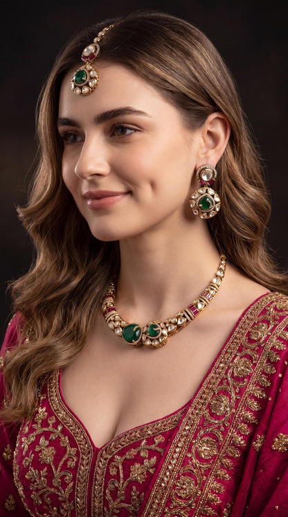 Designer Moissanite Hasli Necklace Set/ Gold Plated Hasli Necklace/ Traditional Hasli Choker/ Antique Gold Hasli Necklace/ Emerald/ Kundan (etsy image id: 7984268534)