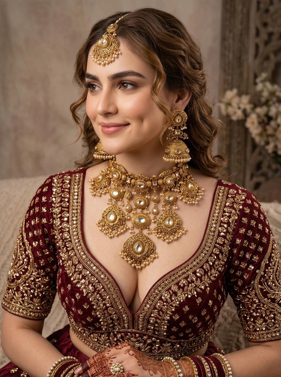 Antique Gold Kundan Waterfall Necklace with Jhumka Earrings/ Indian Bridal Jewelry/ Statement Wedding Necklace/ Luxury Ethnic/ Festive Wear (etsy image id: 7988153474)