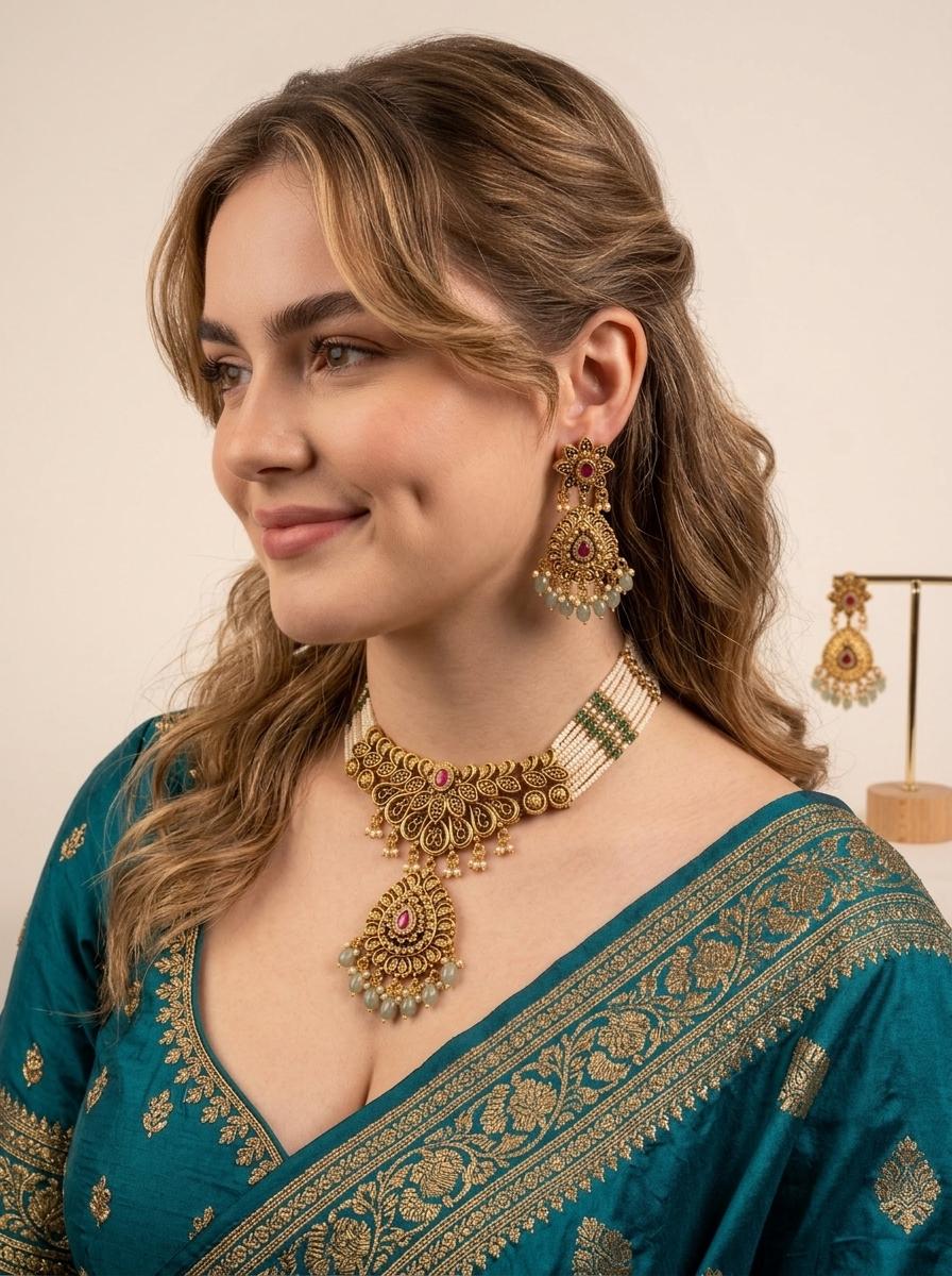 Antique Gold Choker Necklace Set/ South Indian Temple Jewelry Set/ Green Bead Drop Earrings/ Festive Wear Choker/ Indian Pakistani Jewelry (etsy image id: 7988158322)