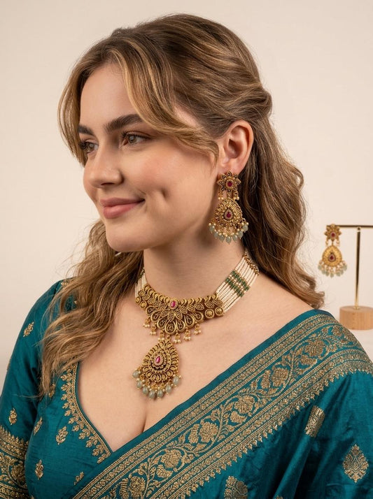 Antique Gold Choker Necklace Set/ South Indian Temple Jewelry Set/ Green Bead Drop Earrings/ Festive Wear Choker/ Indian Pakistani Jewelry (etsy image id: 7988158322)